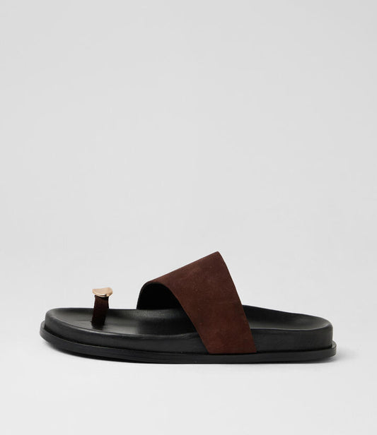 Image of Sandals. Product name - Blize Dark Choc Suede Sandals in Dk Choc colour by brand - MOLLINI