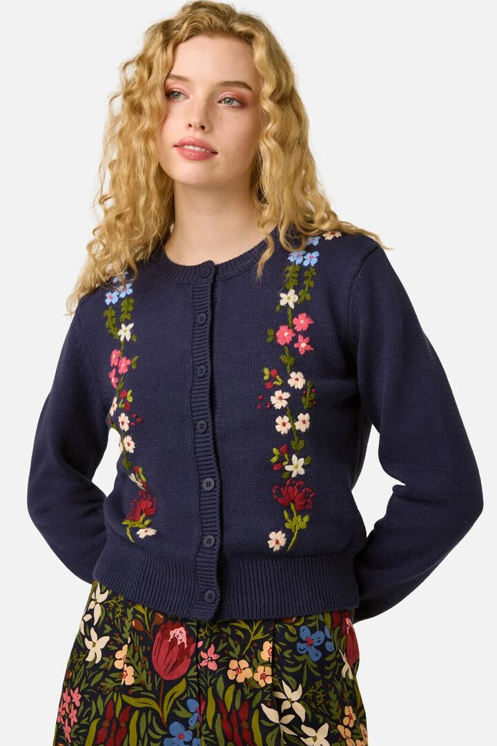 Image of Cardigans. Product name - Native Flora Embroidered Cardigan in Navy colour by brand - Princess Highway