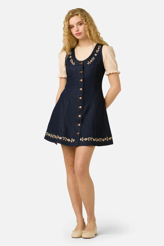 Image of Dresses. Product name - Luxe Fleur Embroidered Pinny in Blue Denim colour by brand - Princess Highway