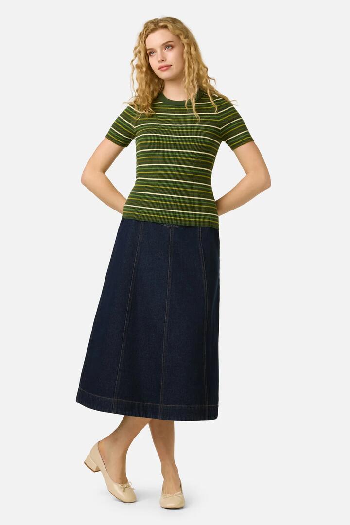 Image of a model wearing Tops. Product name - Patsy Stripe Knit Top in Green colour by brand - Princess Highway