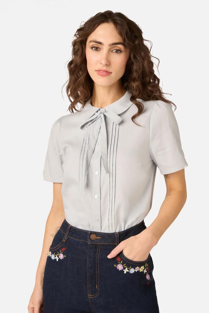 Image of a model wearing Tops. Product name - Lizzy Short Sleeve Blouse in Chocolate colour by brand - Princess Highway
