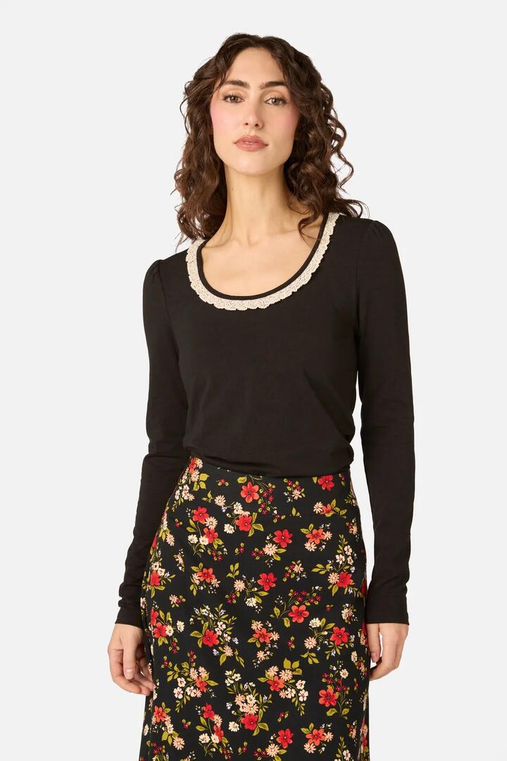 Image of a model wearing Tops. Product name - Ada Long Sleeve Lace Trim Top in Red Plum colour by brand - Princess Highway