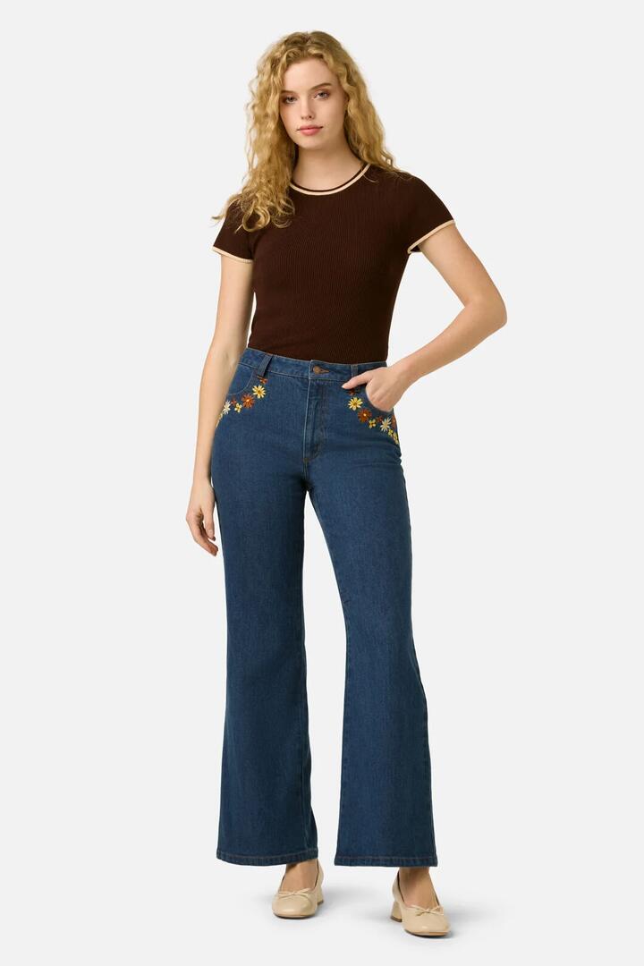 Image of Jeans. Product name - Twiggy Floral Embroidered Jean in Blue Denim colour by brand - Princess Highway