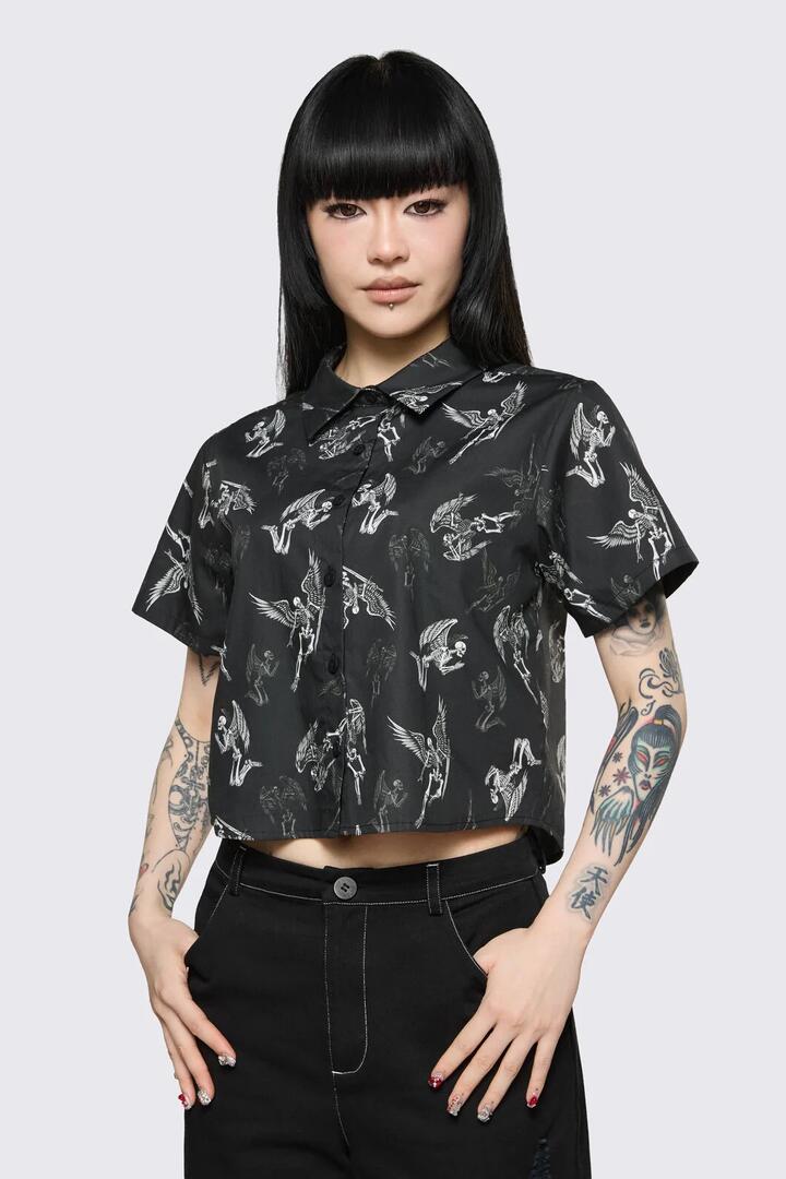 Image of Blouses. Product name - Archangel Print Goth Blouse in Black/White colour by brand - Dangerfield