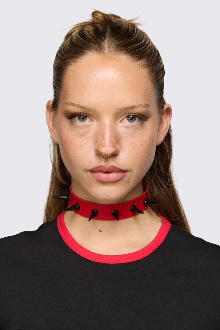Image of Jewelry. Product name - Red & Black Spike Choker in Red colour by brand - Dangerfield