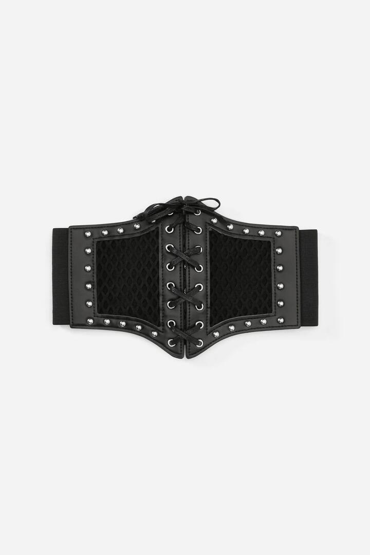 Image of Lingerie. Product name - Fishnet Mesh Stud Corset Belt in Black colour by brand - Black Friday