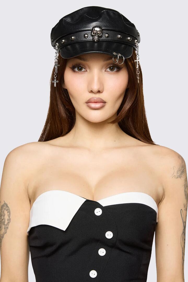 Image of Hats. Product name - Studded & Skull Peak Cap in Black colour by brand - Black Friday