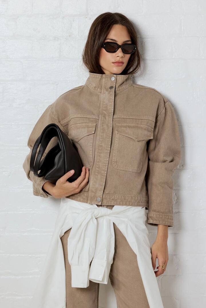 Image of Coats & Jackets. Product name - Crafted Taupe Funnel Neck Denim Jacket in Taupe colour by brand - Stories be Told