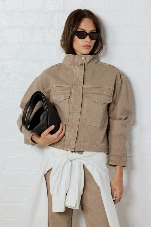 Image of Coats & Jackets. Product name - Crafted Taupe Funnel Neck Denim Jacket in Taupe colour by brand - Stories be Told