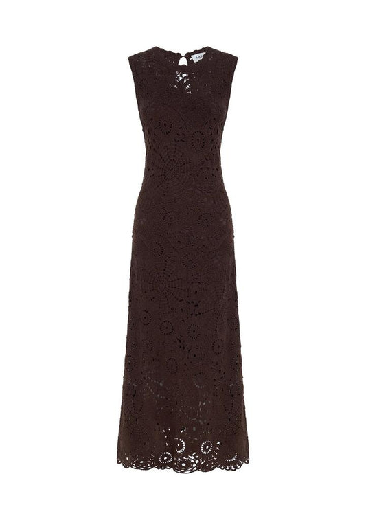 Image of Dresses. Productname: Anouk Crochet Maxi Dress | MOS The Label in Dark Chocolate colour by brand - MOS The Label