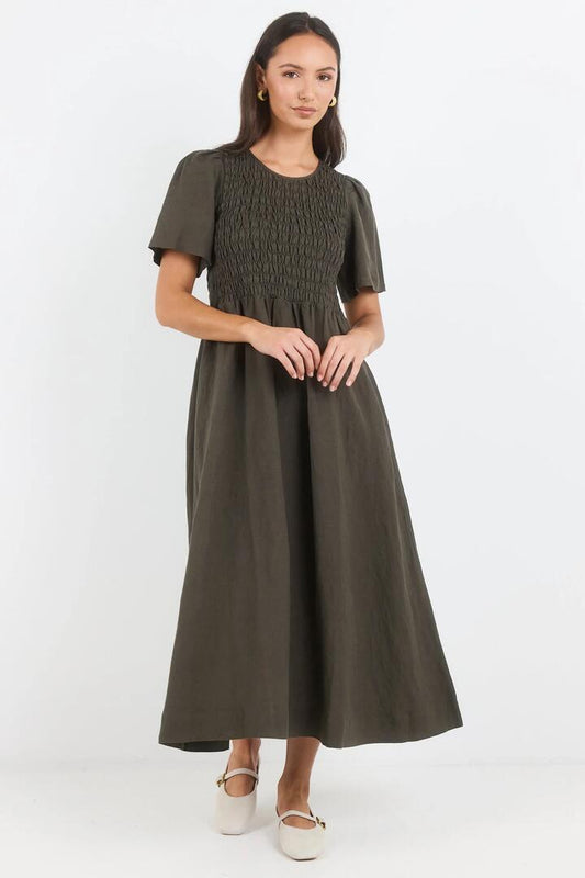 Image of Dresses. Product name - Wren Dark Olive Linen Blend SS Shirred Bodice Midi Dress in Dark Olive colour by brand - RE:UNION Label