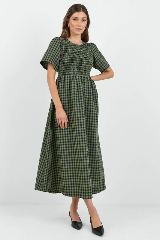 Image of Dresses. Product name - Wren Khaki Ink Gingham SS Shirred Bodice Midi Dress in Khaki Ink Gingham colour by brand - RE:UNION Label