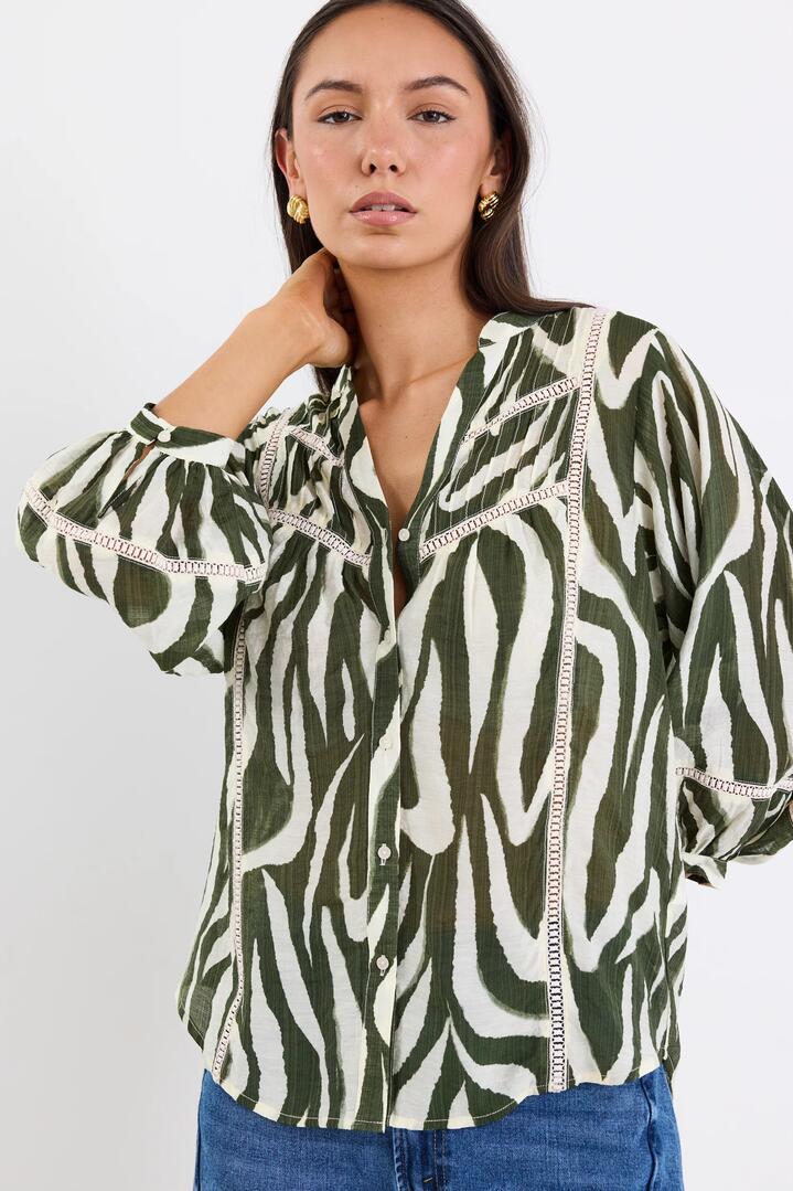 Image of Shirts. Product name - Ornamental Khaki Zebra Lace Insert Pintuck SS Shirt in Khaki Zebra colour by brand - Ivy + Jack
