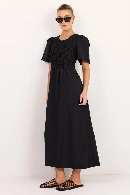 Image of Dresses. Product name - Wren Black Linen Blend SS Shirred Bodice Midi Dress in Black colour by brand - RE:UNION Label