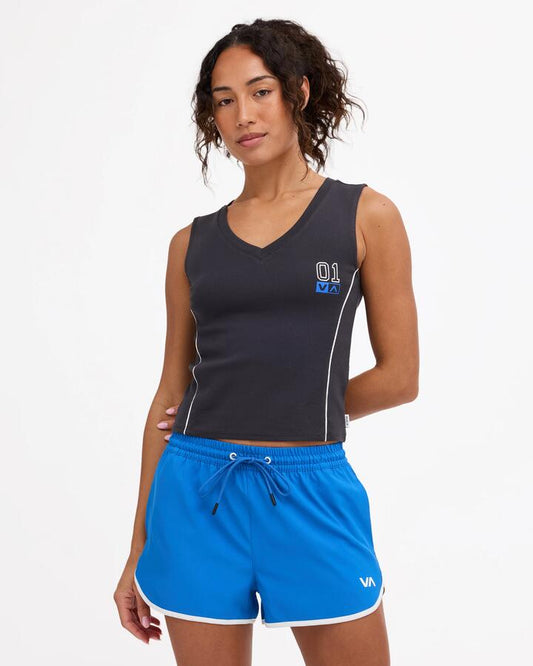 Image of a model wearing Tops. Product name - Rvca Womens Rvca V-Neck Tank Top Rvca Black in Rvca Black colour by brand - Rvca