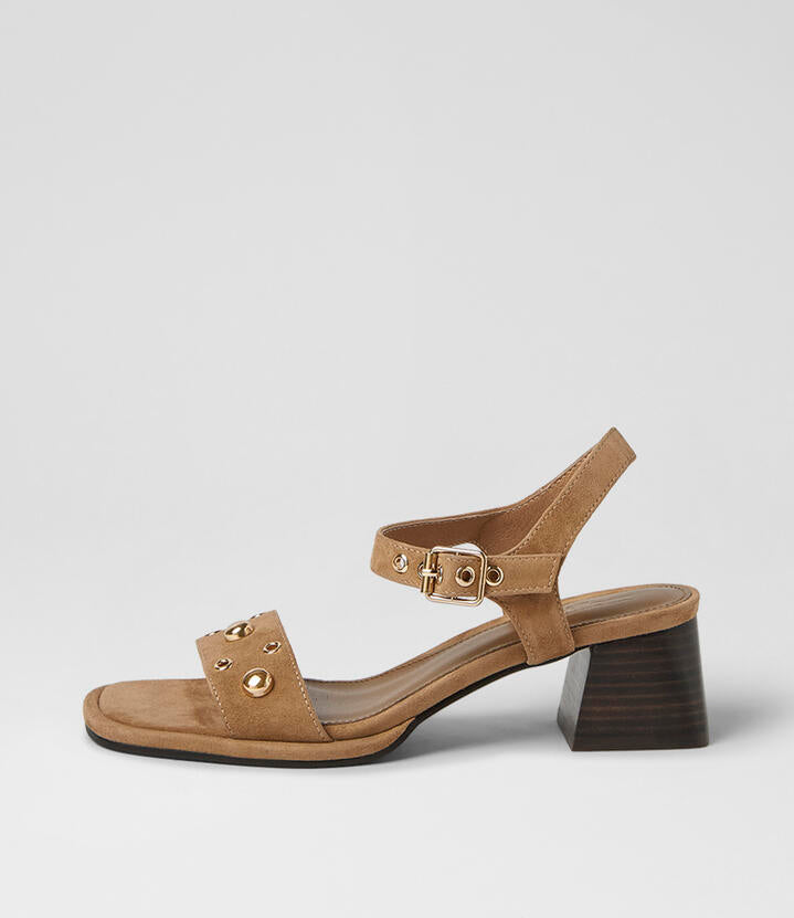 Image of Sandals. Product name - Mariell Tan Dark Brown Heel Suede Sandals in Tan-Dk Brown Heel colour by brand - MOLLINI