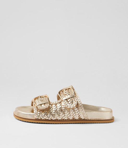 Image of Slippers. Product name - Pepsi Light Gold Leather Slides in Light Gold colour by brand - MIDAS