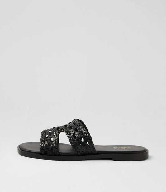 Image of Slippers. Product name - Parish Black Leather Slides in Black colour by brand - MIDAS