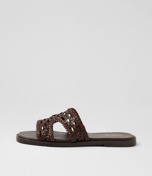 Image of Slippers. Product name - Parish Choc Leather Slides in Choc colour by brand - MIDAS