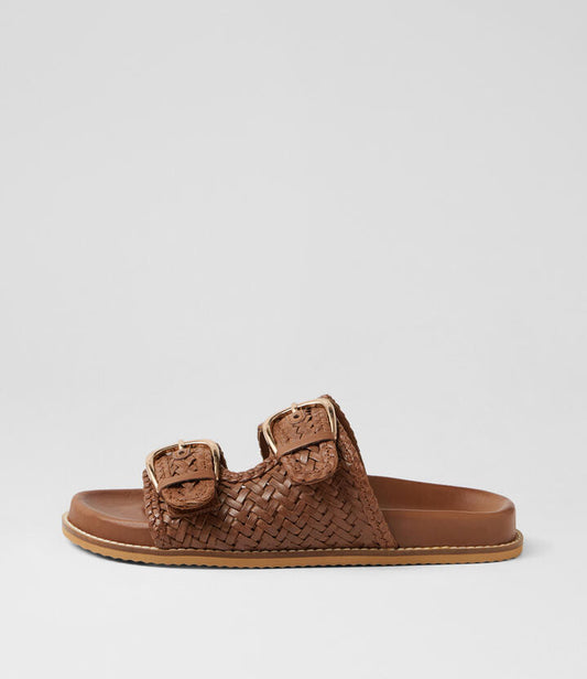 Image of Slippers. Product name - Pepsi Tan Leather Slides in Tan colour by brand - MIDAS
