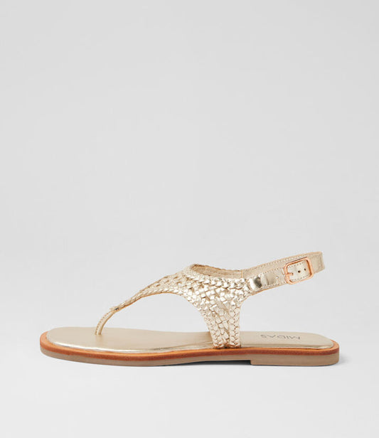 Image of Sandals. Product name - Fanzeema Pale Gold Leather Thongs in Pale Gold colour by brand - MIDAS
