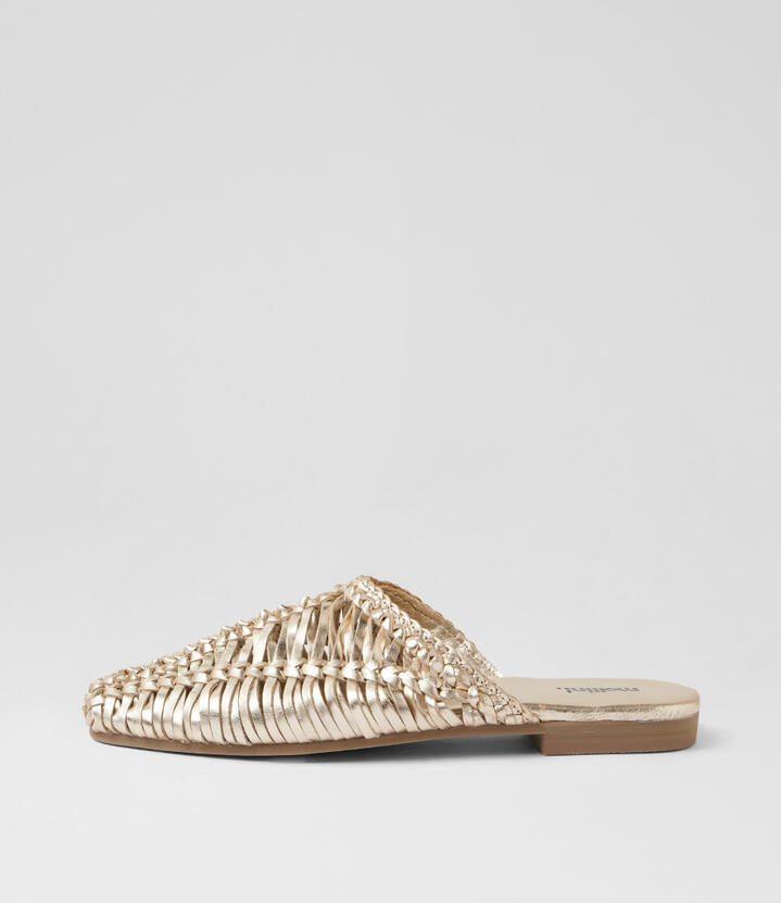 Image of Flats. Product name - Dessia Gold Leather Flat Shoes in Gold colour by brand - MOLLINI