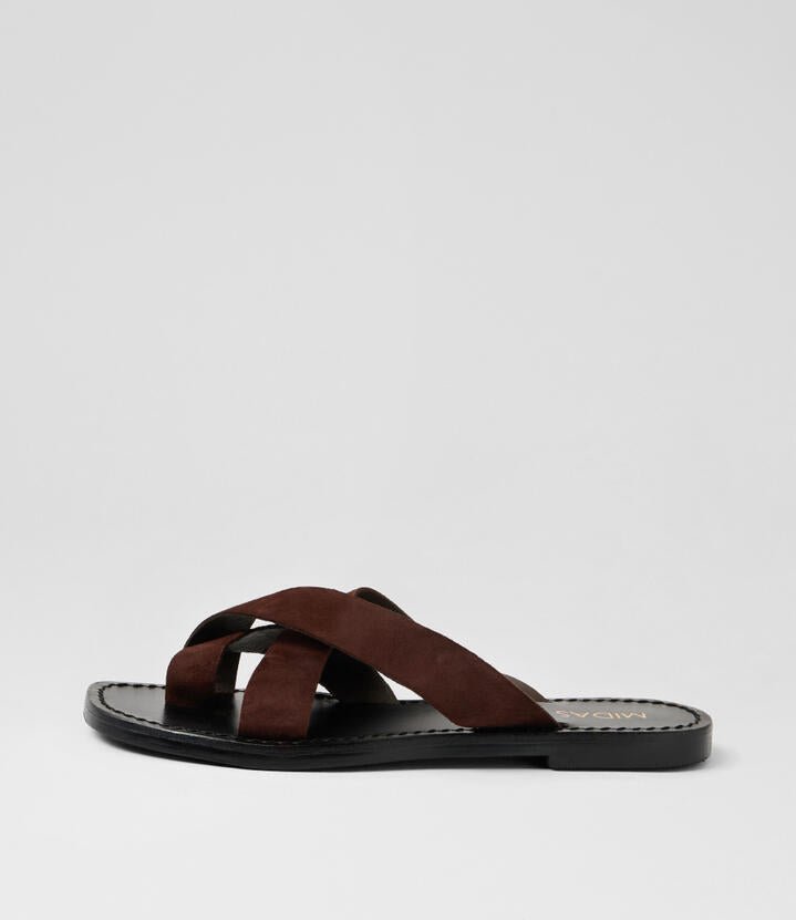 Image of Sandals. Product name - Kazia Choc Black Suede Thongs in Choc-Black Sole colour by brand - MIDAS