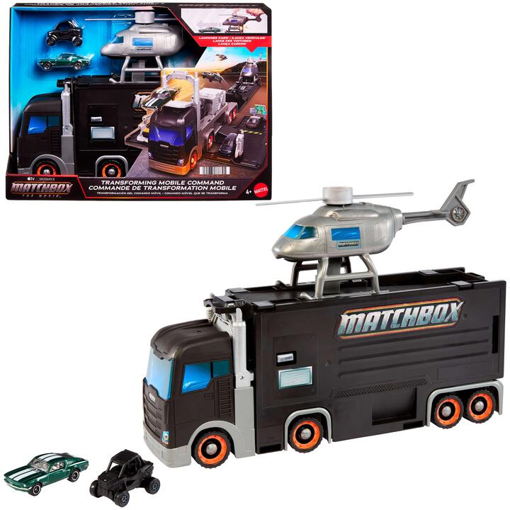 Image of Toy Cars. Product name - Matchbox Transforming Mobile Command, Large-Scale Vehicle with Helicopter & 2 Toy Cars from the Movie in colour by brand - Matchbox