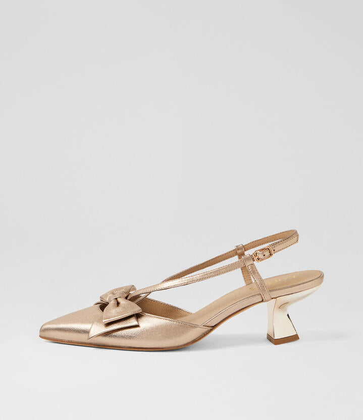 Image of Heels. Product name - Lampoon Champagne Leather Heels in Champagne colour by brand - MIDAS