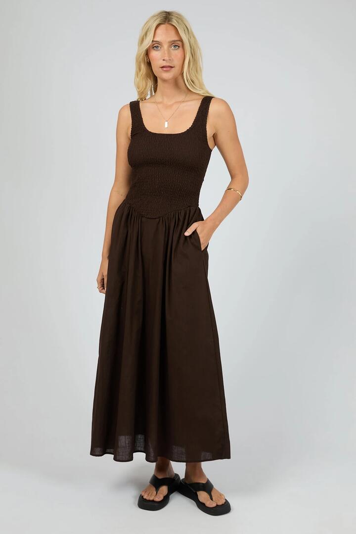 Image of Dresses. Product name - Essential Brown Ruched Bodice Sleeveless Maxi Dress in Brown colour by brand - All About Eve
