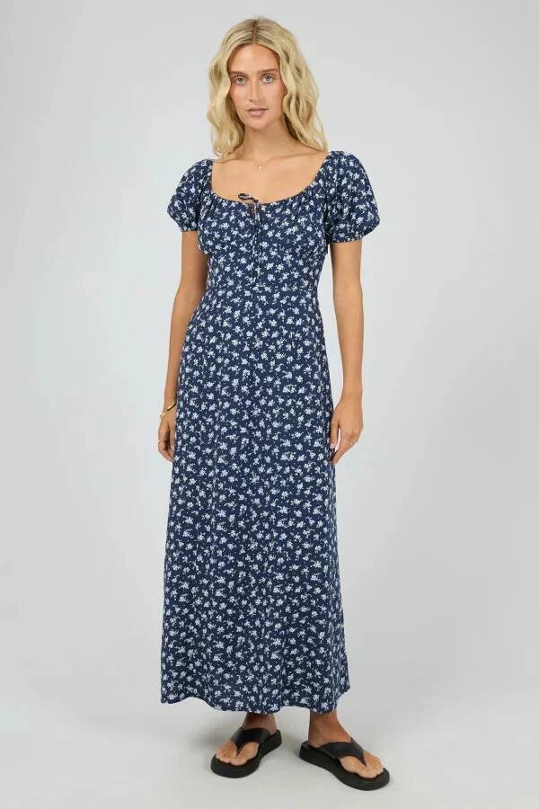 Image of Dresses. Product name - Clarabelle Navy Floral Print Front Tie SS Maxi Dress in Blue colour by brand - All About Eve