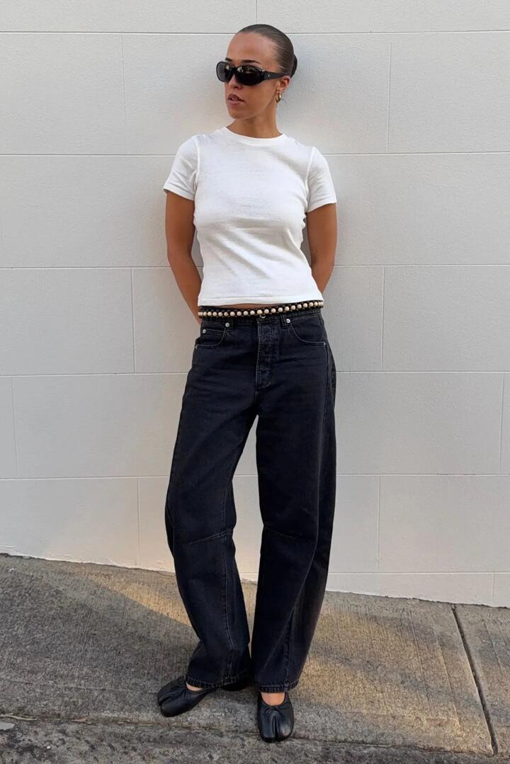 Image of Jeans. Product name - Arc Mercer Black Panel Barrel Jean in Black colour by brand - Rollas