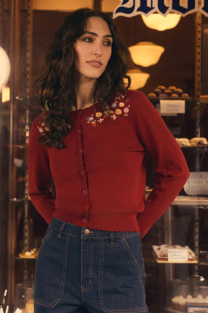 Image of Cardigans. Product name - Ladybug Embroidered Cardigan in Red colour by brand - Princess Highway