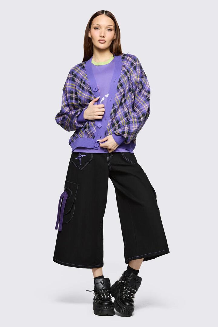 Image of Cardigans. Product name - Stuck In Your Head Tartan Cardi in Purple colour by brand - Black Friday