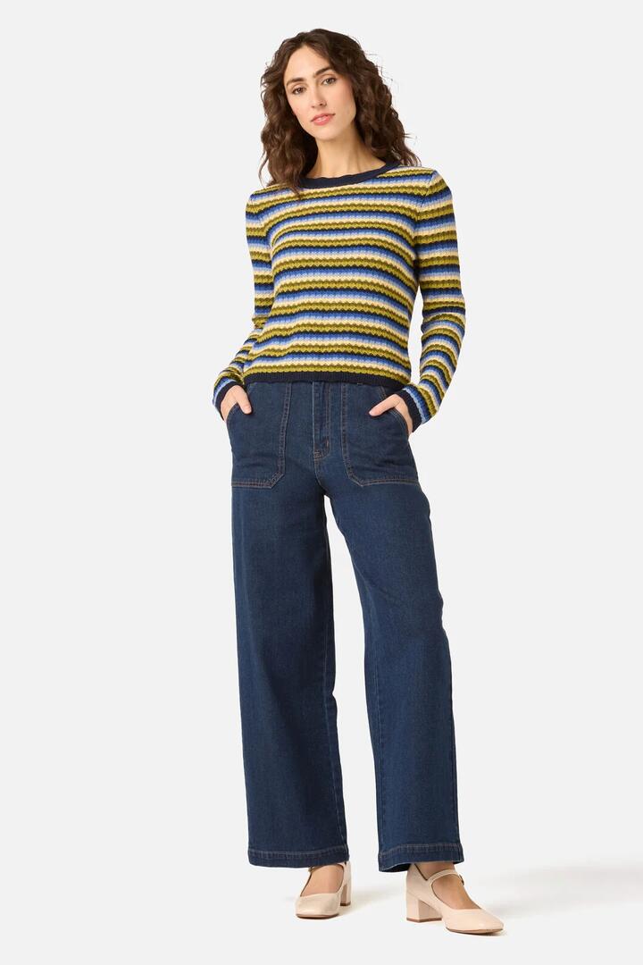 Image of a model wearing Outerwear. Product name - Leslie Stripe Knit Jumper in Pink/Olive colour by brand - Princess Highway