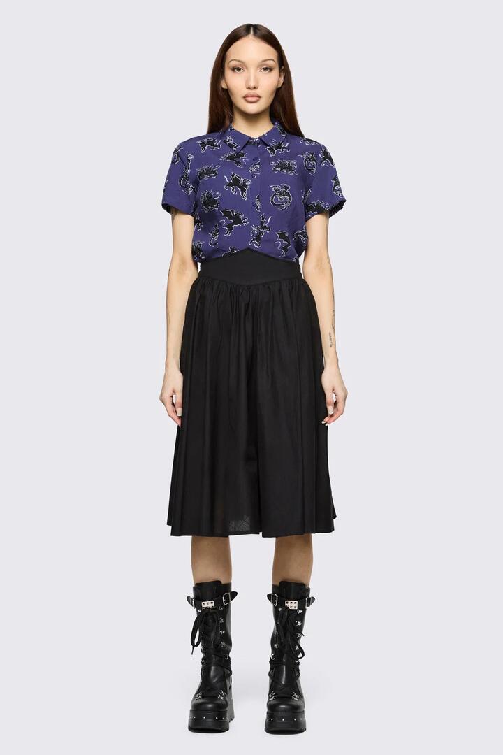 Image of a model wearing Skirts. Product name - Mythical Goth Yoke Skirt in Black colour by brand - Black Friday