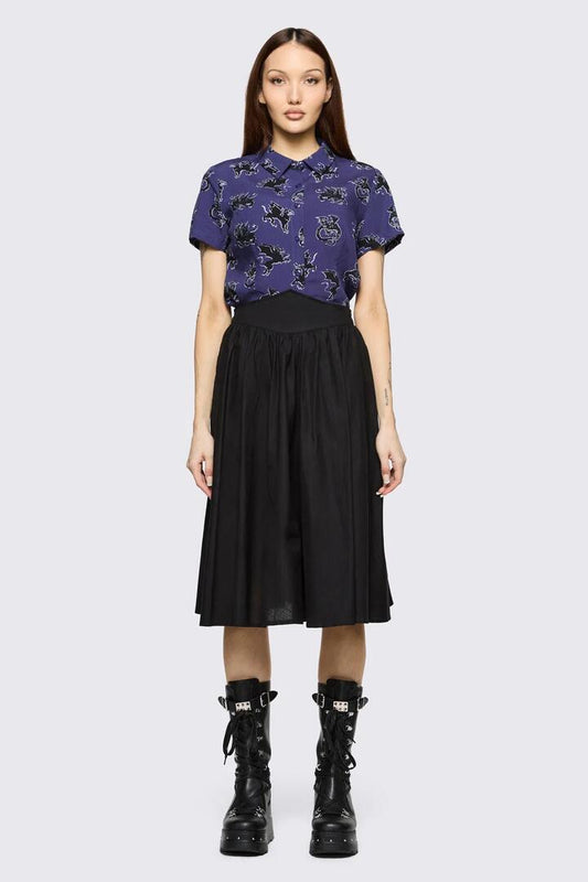 Image of a model wearing Skirts. Product name - Mythical Goth Yoke Skirt in Black colour by brand - Black Friday