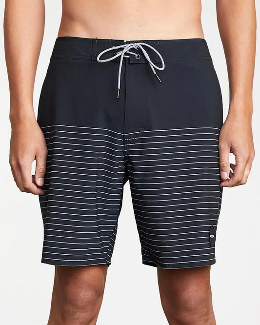 Image of Swimwear. Product name - Rvca Mens Steady Stripe Trunk 18" Boardshorts Black in Black colour by brand - Rvca