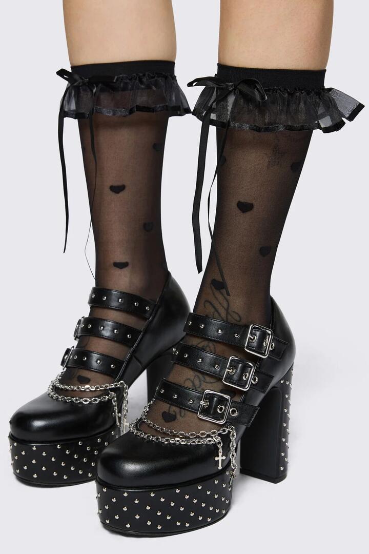 Image of Socks. Product name - Heart Mesh Ruffle Long Socks in White colour by brand - Black Friday