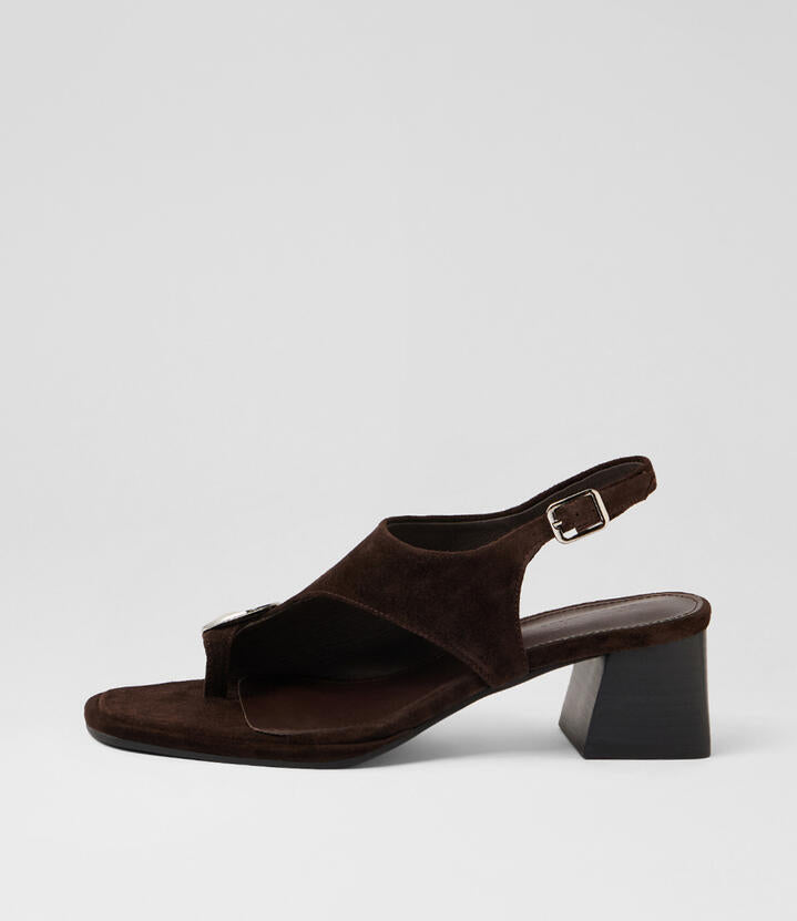 Image of Sandals. Product name - Micaela Choc Black Suede Sandals in Choc-Black Heel colour by brand - MOLLINI