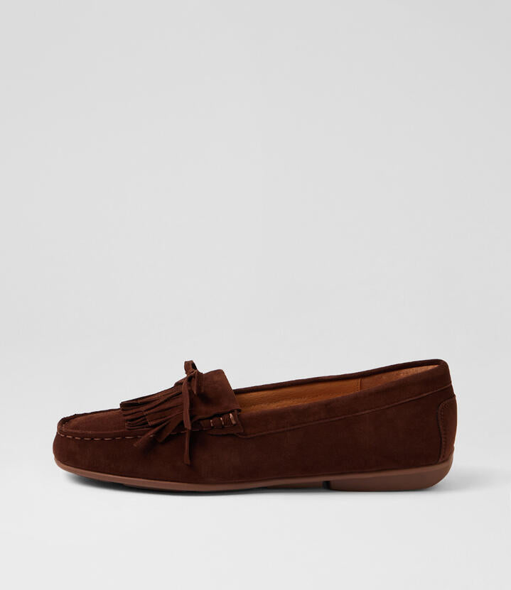 Image of Flats. Product name - Roofus Deep Choc Suede Loafers in Deep Choc colour by brand - MIDAS