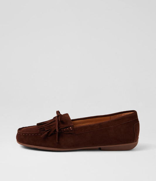 Image of Flats. Product name - Roofus Deep Choc Suede Loafers in Deep Choc colour by brand - MIDAS