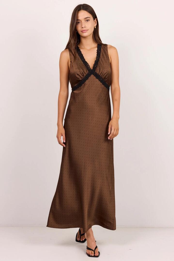 Image of Dresses. Product name - Castle Chocolate Polka Dot Satin Lace Trim Maxi Dress in Chocolate Polka Dot colour by brand - Georgia Zoe
