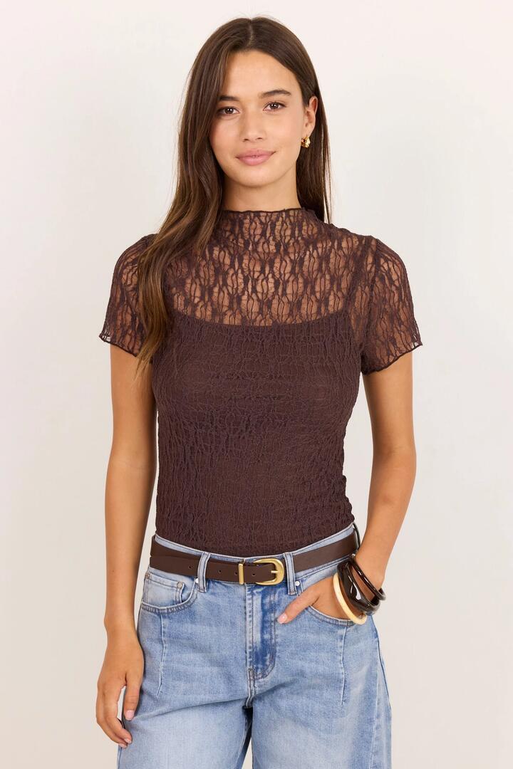 Image of a model wearing Tops. Product name - Providing Chocolate Lace Short Sleeve Top in Chocolate colour by brand - Among the Brave