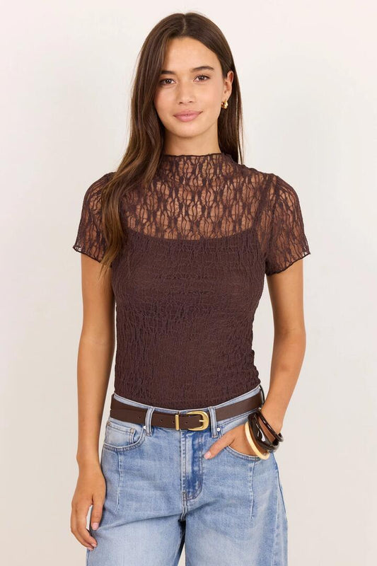 Image of a model wearing Tops. Product name - Providing Chocolate Lace Short Sleeve Top in Chocolate colour by brand - Among the Brave