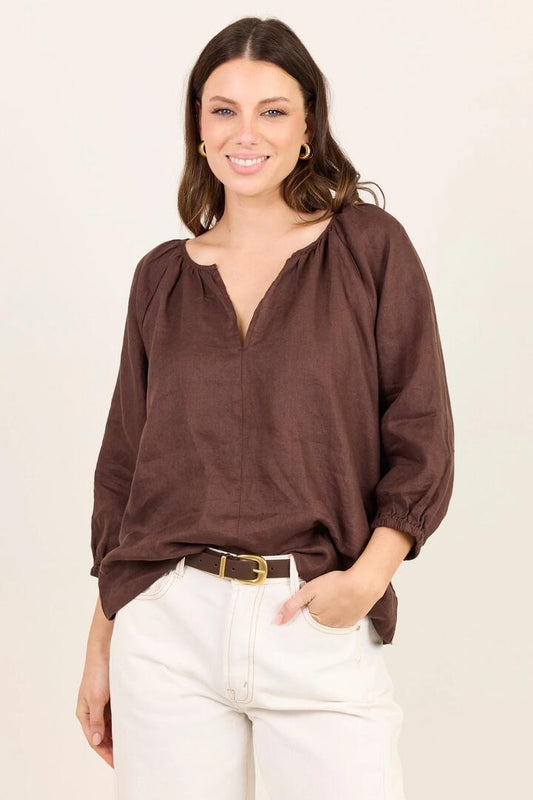 Image of a model wearing Tops. Product name - Revolutionary Dark Chocolate Linen Relaxed LS Top in Dark Chocolate colour by brand - RE:UNION Label