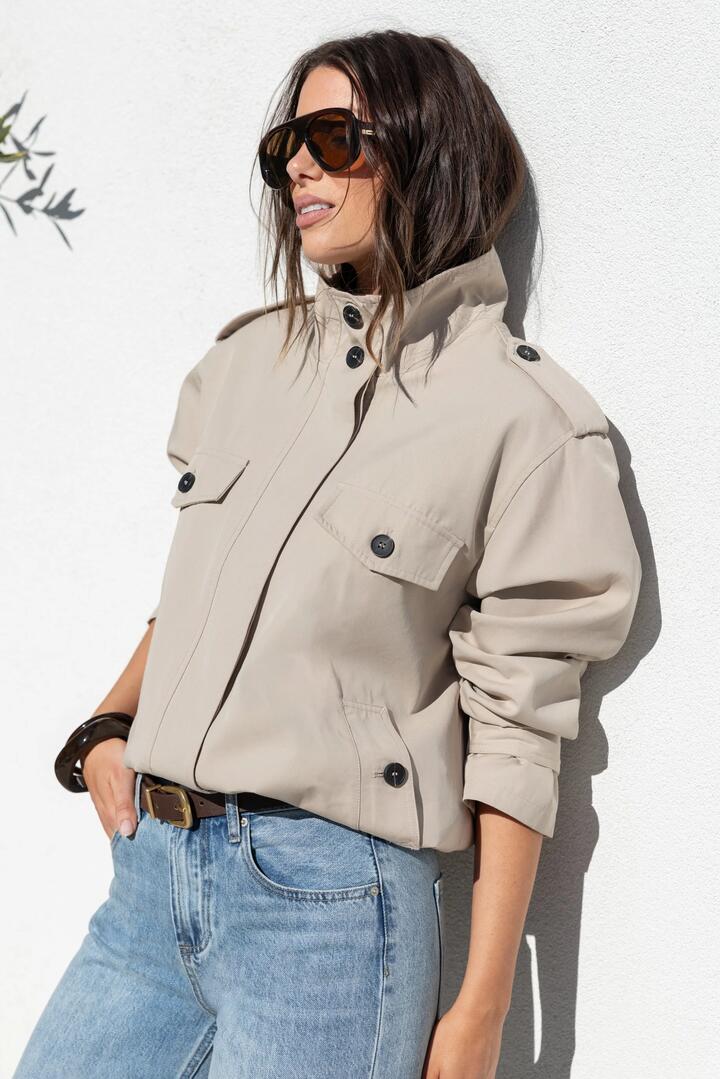 Image of Coats & Jackets. Product name - Squad Taupe Funnel Neck Trench Jacket in Taupe colour by brand - Among the Brave