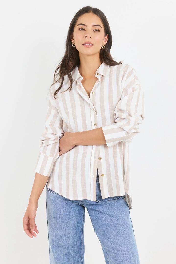 Image of Shirts. Product name - Reveal Taupe Stripe Tie Back Shirt in Taupe Stripe colour by brand - By Rosa.