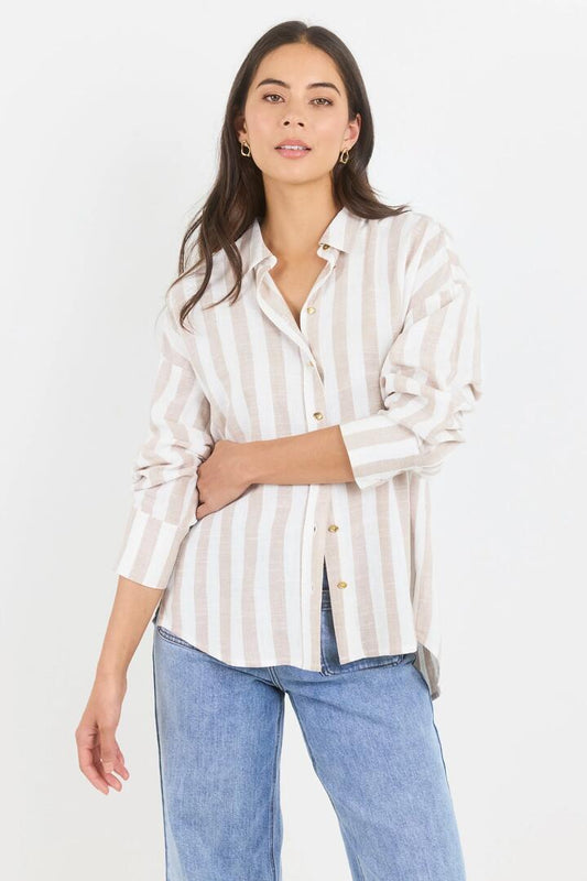 Image of Shirts. Product name - Reveal Taupe Stripe Tie Back Shirt in Taupe Stripe colour by brand - By Rosa.