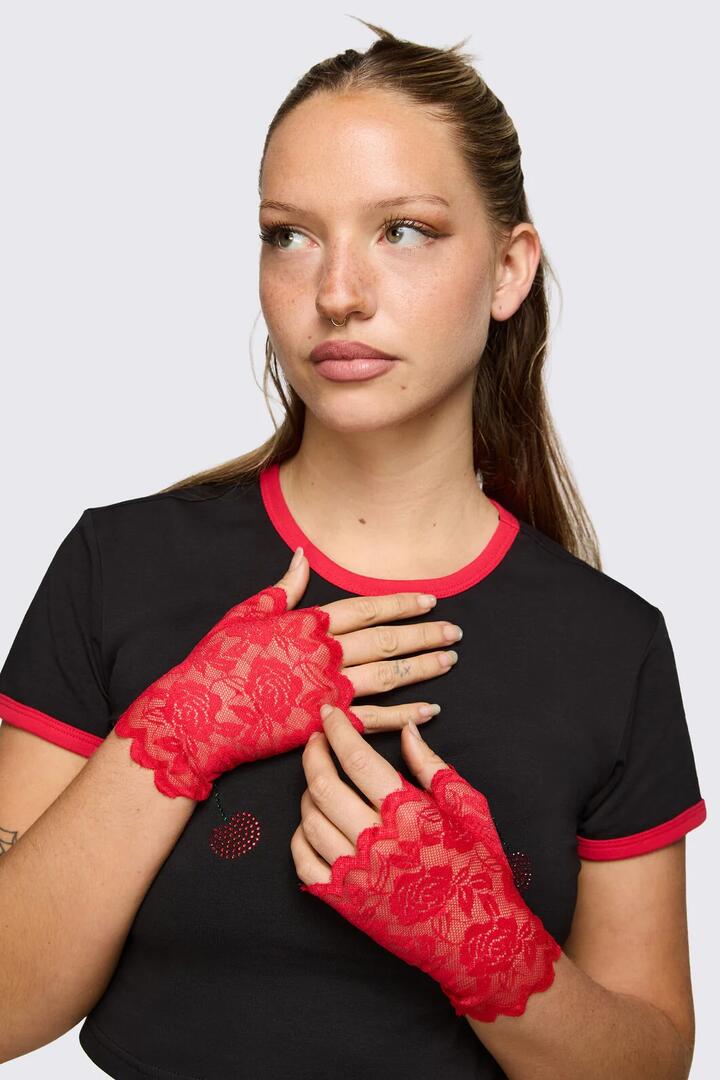 Image of Gloves & Mittens. Product name - Red Rose Lace Gloves in Red colour by brand - Dangerfield